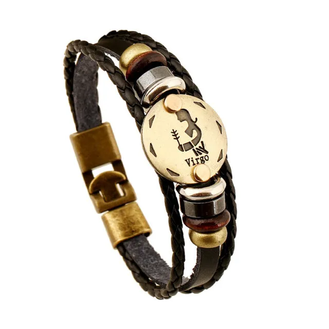 Jiayiqi Fashion Charm Jewelry Bronze Alloy 12 Zodiac Leather Bracelet Punk Wooden Beads For Women & Men Multilayer Easy Buckles