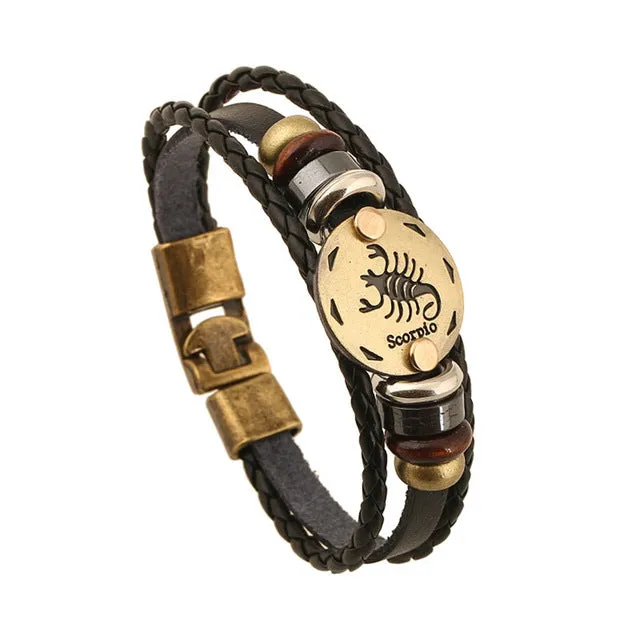 Jiayiqi Fashion Charm Jewelry Bronze Alloy 12 Zodiac Leather Bracelet Punk Wooden Beads For Women & Men Multilayer Easy Buckles