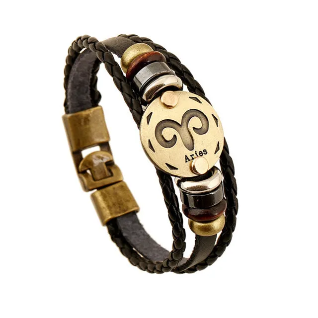 Jiayiqi Fashion Charm Jewelry Bronze Alloy 12 Zodiac Leather Bracelet Punk Wooden Beads For Women & Men Multilayer Easy Buckles