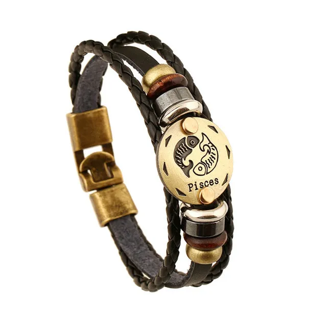 Jiayiqi Fashion Charm Jewelry Bronze Alloy 12 Zodiac Leather Bracelet Punk Wooden Beads For Women & Men Multilayer Easy Buckles