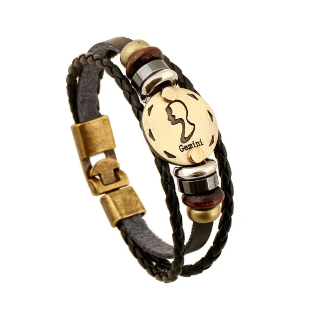 Jiayiqi Fashion Charm Jewelry Bronze Alloy 12 Zodiac Leather Bracelet Punk Wooden Beads For Women & Men Multilayer Easy Buckles