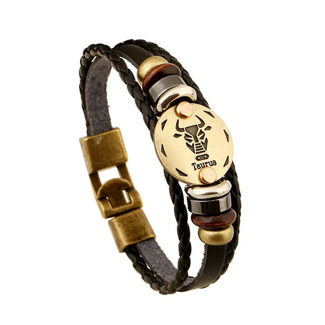 Jiayiqi Fashion Charm Jewelry Bronze Alloy 12 Zodiac Leather Bracelet Punk Wooden Beads For Women & Men Multilayer Easy Buckles