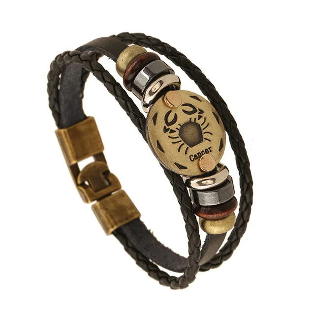 Jiayiqi Fashion Charm Jewelry Bronze Alloy 12 Zodiac Leather Bracelet Punk Wooden Beads For Women & Men Multilayer Easy Buckles