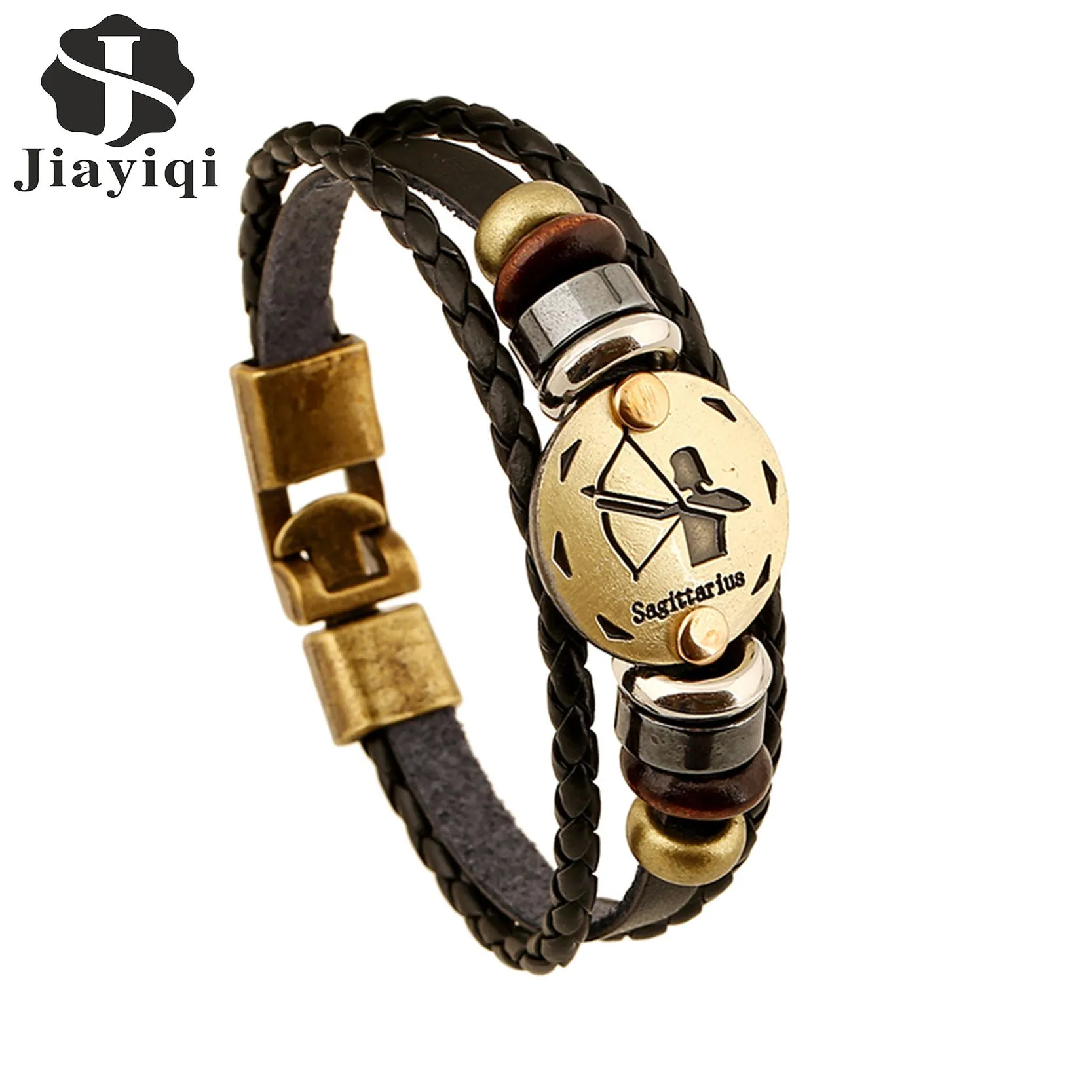 Jiayiqi Fashion Charm Jewelry Bronze Alloy 12 Zodiac Leather Bracelet Punk Wooden Beads For Women & Men Multilayer Easy Buckles