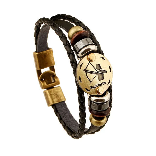 Jiayiqi Fashion Charm Jewelry Bronze Alloy 12 Zodiac Leather Bracelet Punk Wooden Beads For Women & Men Multilayer Easy Buckles