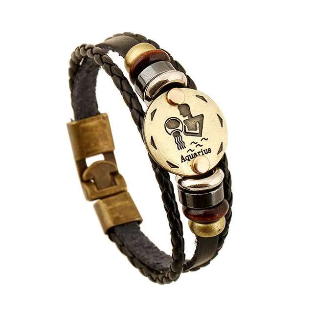 Jiayiqi Fashion Charm Jewelry Bronze Alloy 12 Zodiac Leather Bracelet Punk Wooden Beads For Women & Men Multilayer Easy Buckles