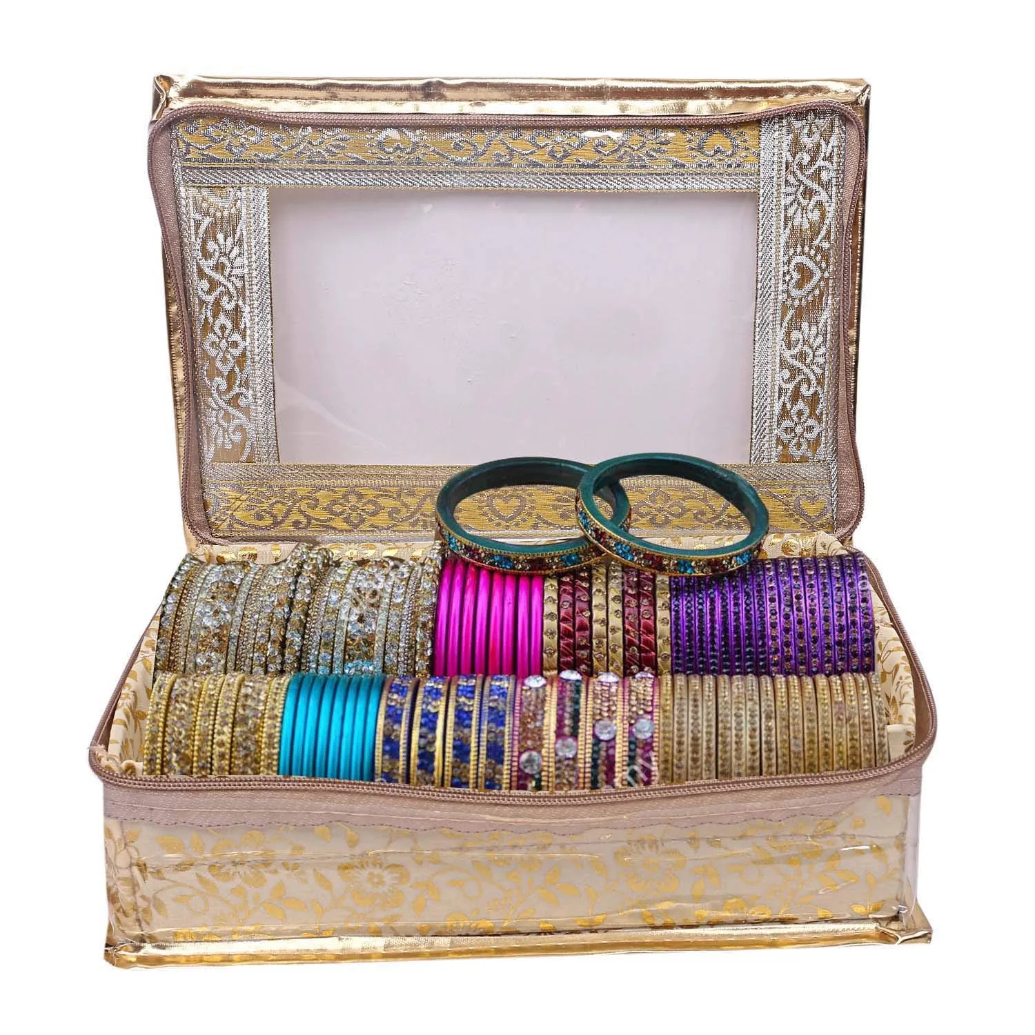 Kuber Industries Brocade Hardboard 2 Pieces Two Rod Bangle Box (Gold)-CTKTC21162