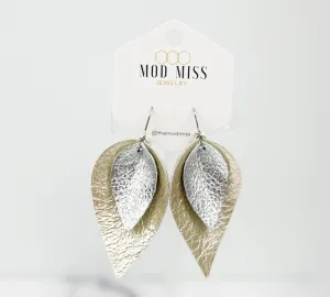 Leather Stacked Petal Earring "Metallic Silver   Metallic Pearl"