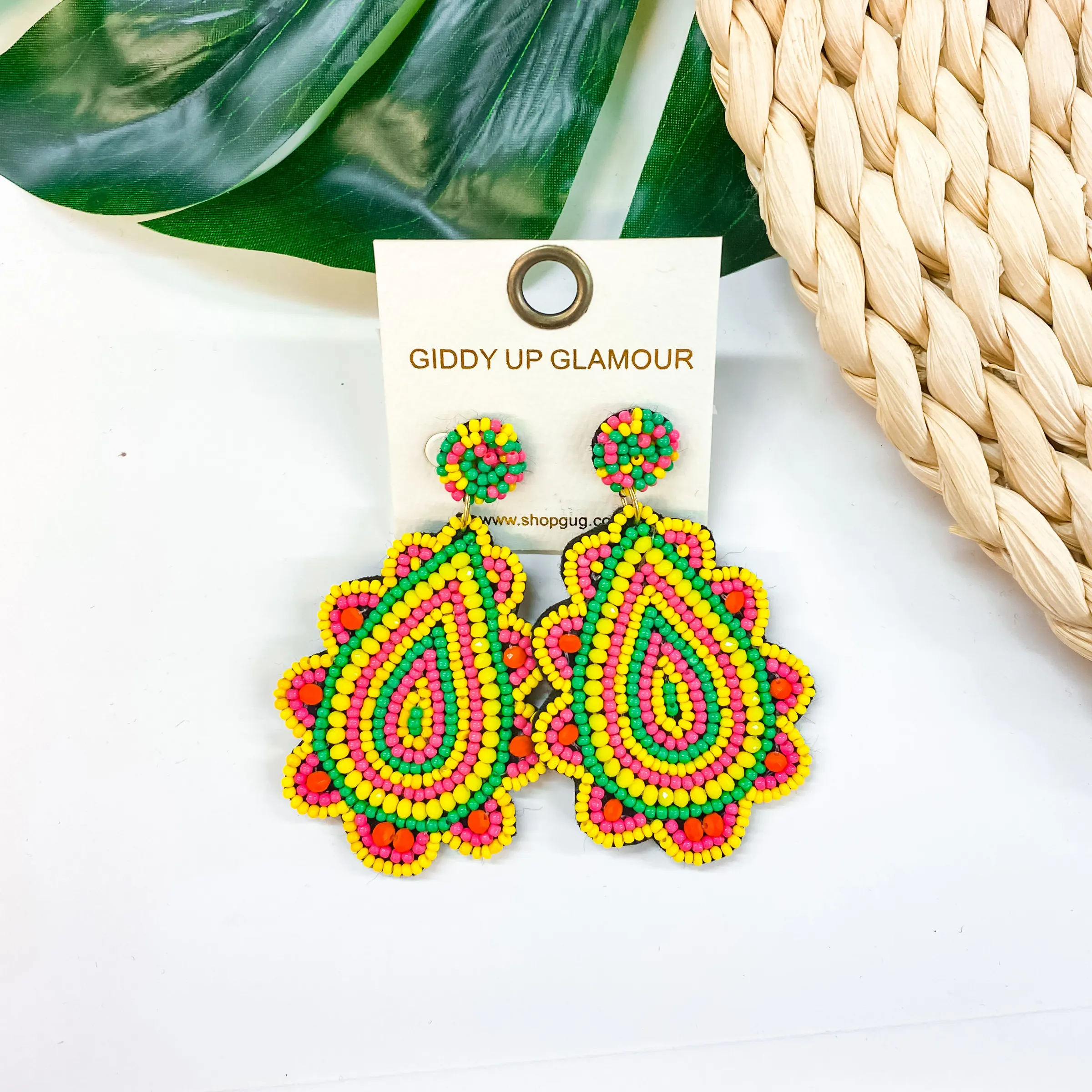 Light Up The Night Seed Bead Teardrop Earrings in Yellow, Pink. and Green