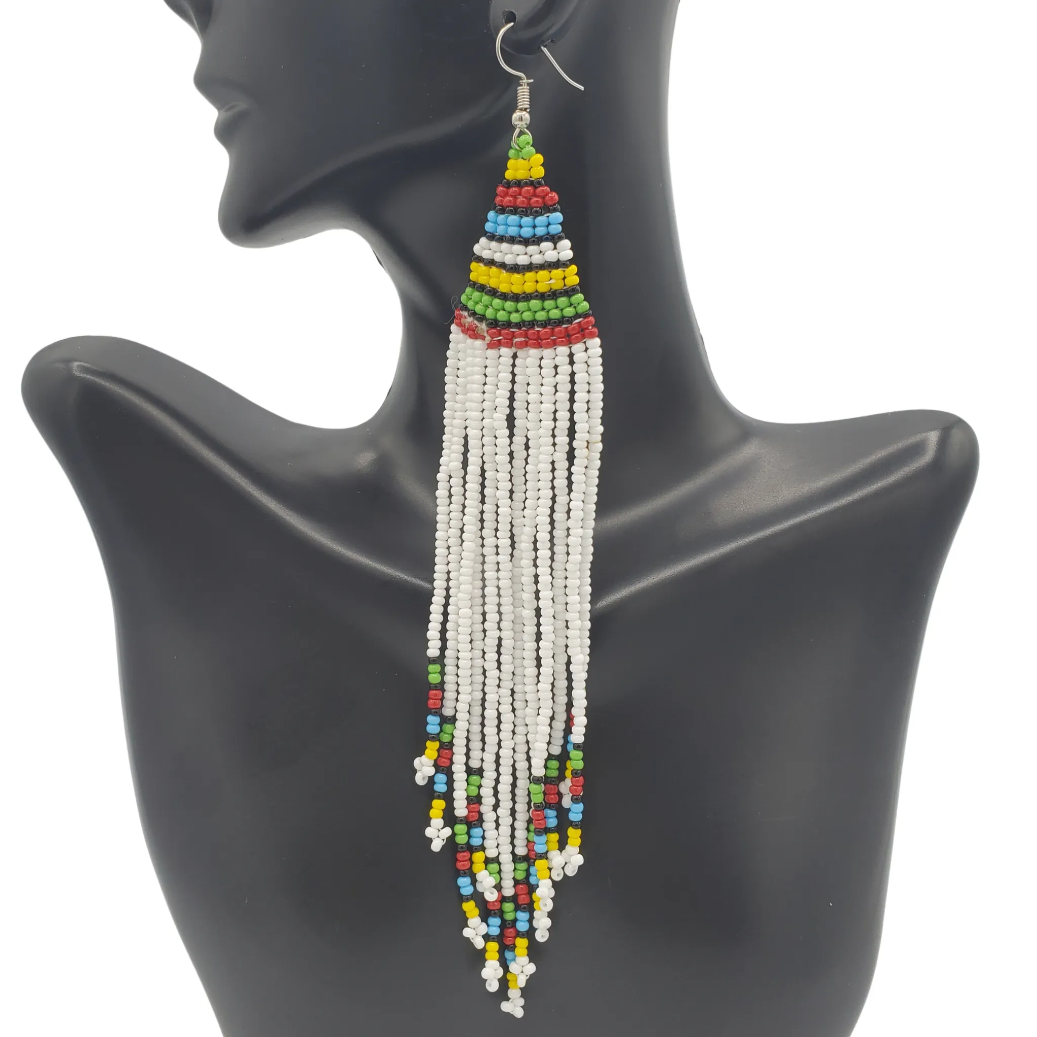 Long Beaded Tribal Earrings, White