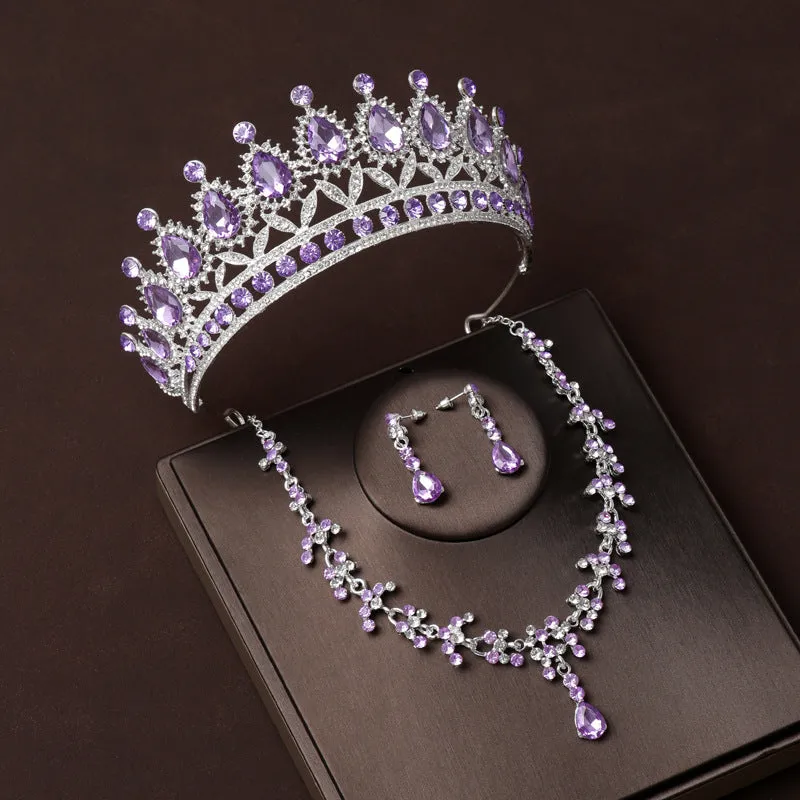 Luxury Purple Bridal Jewelry Sets for Women Choker Necklace Earrings With Crown Wedding Bride Set Costume Accessories