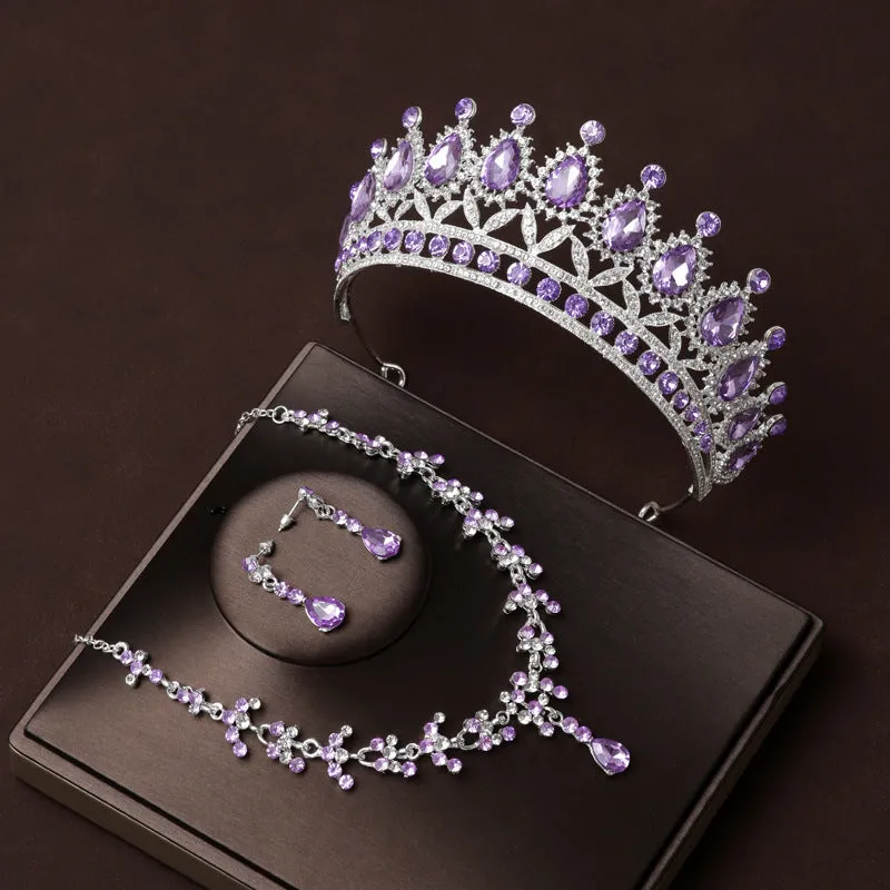 Luxury Purple Bridal Jewelry Sets for Women Choker Necklace Earrings With Crown Wedding Bride Set Costume Accessories