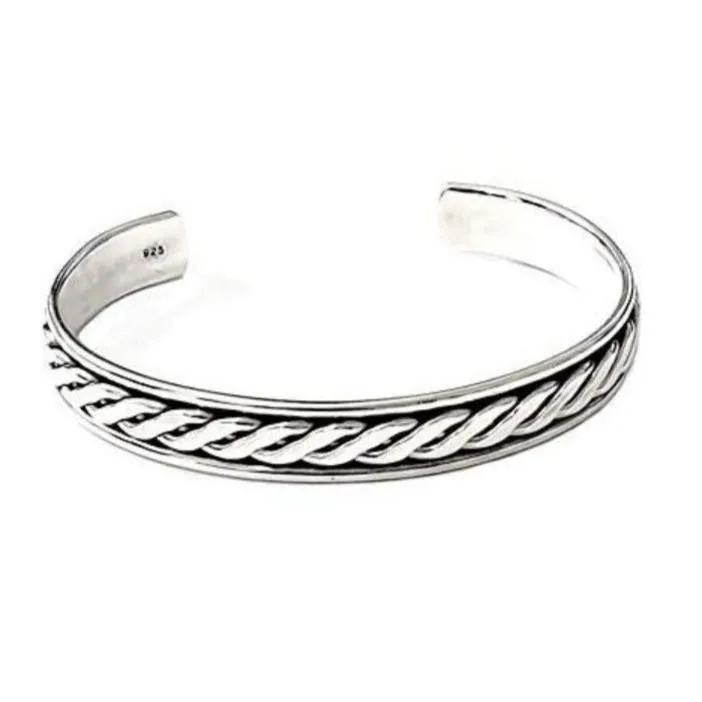 Mens Silver Bangle 9mm Heavy Solid 925 Silver Braided Open Cuff Bangle