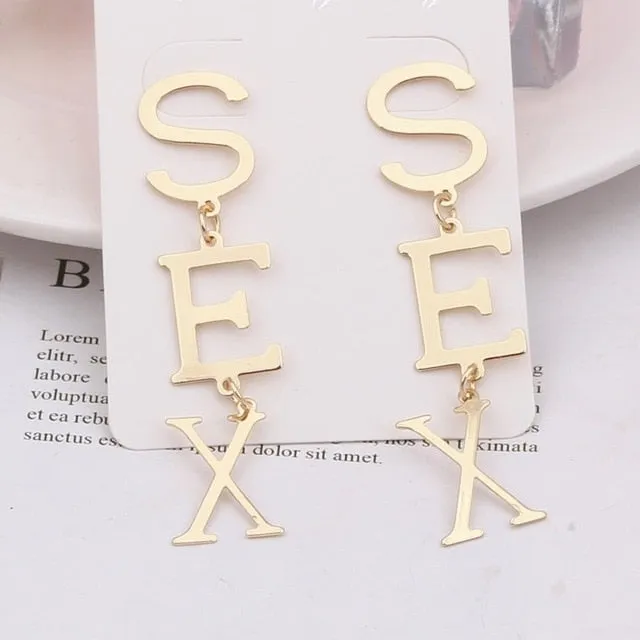 New English Alphabet SEX Long Drop Earring for Women Paint Gold Color Metal Statement Party Wedding Jewelry Accessories