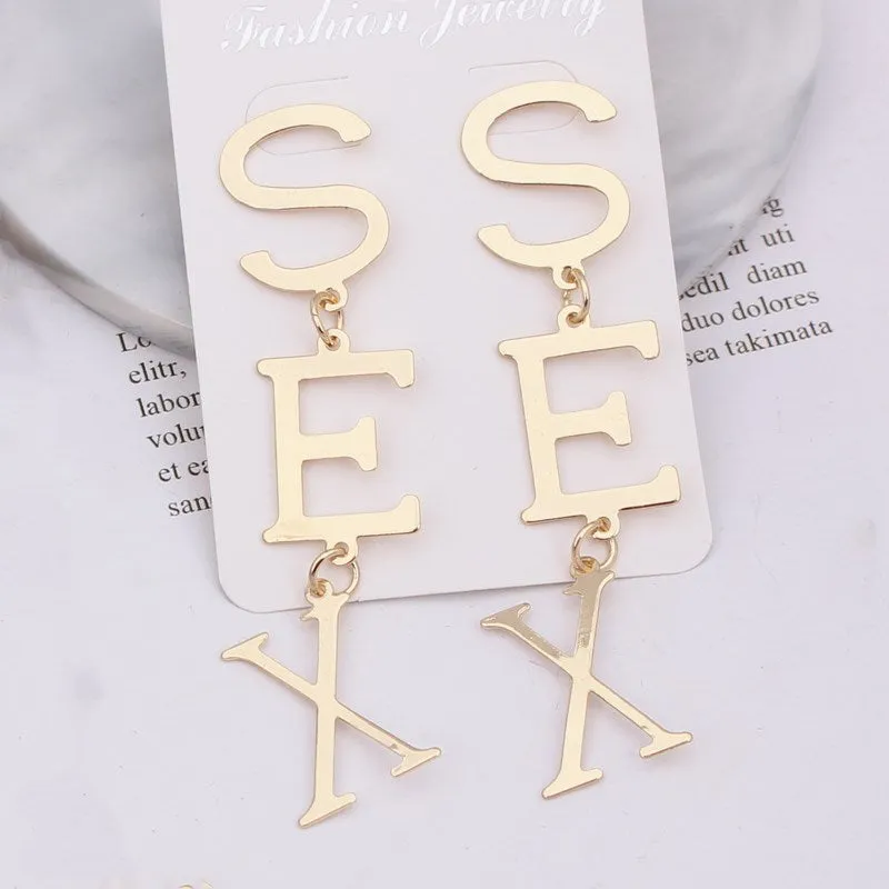 New English Alphabet SEX Long Drop Earring for Women Paint Gold Color Metal Statement Party Wedding Jewelry Accessories