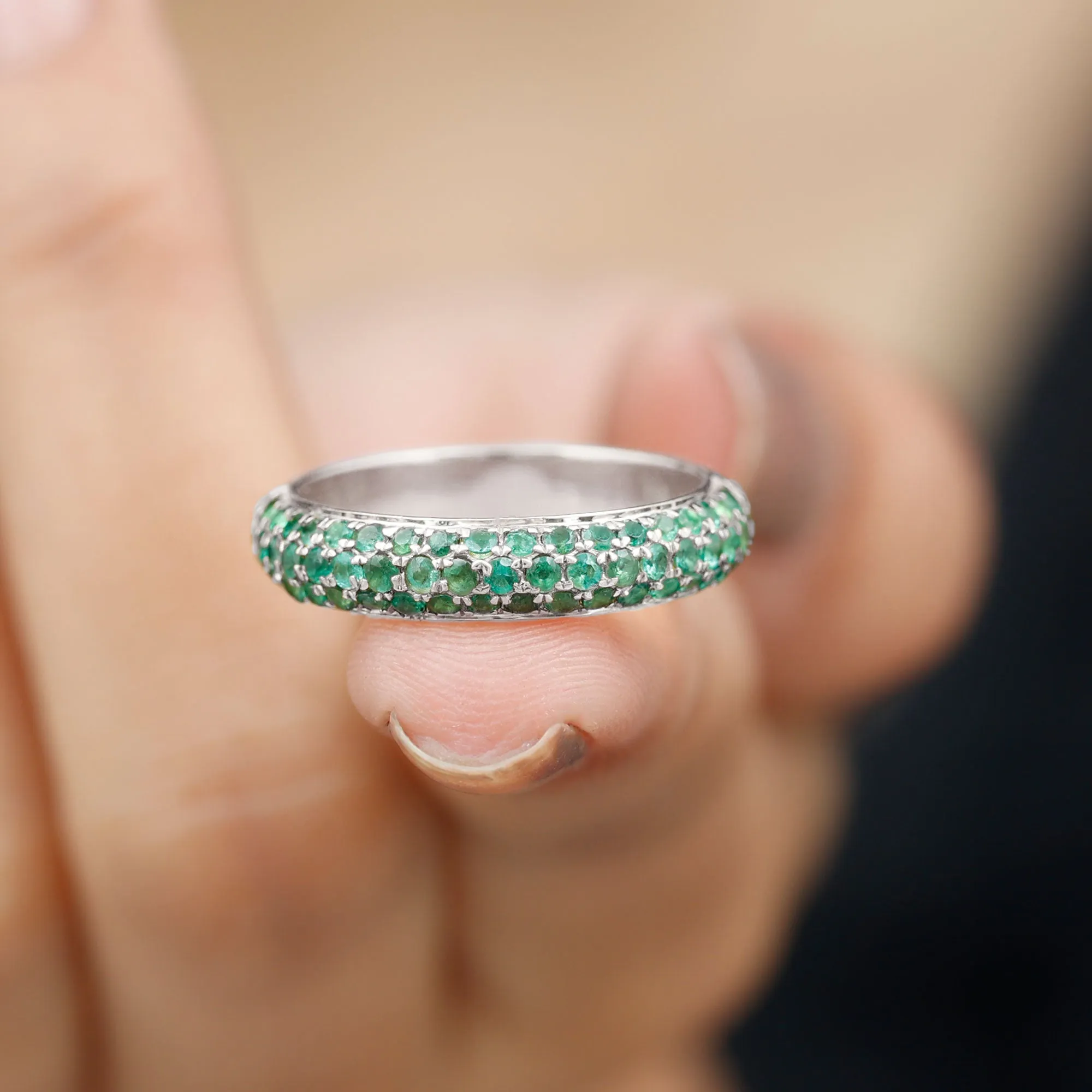 Pave Set Emerald Semi Eternity Band Ring