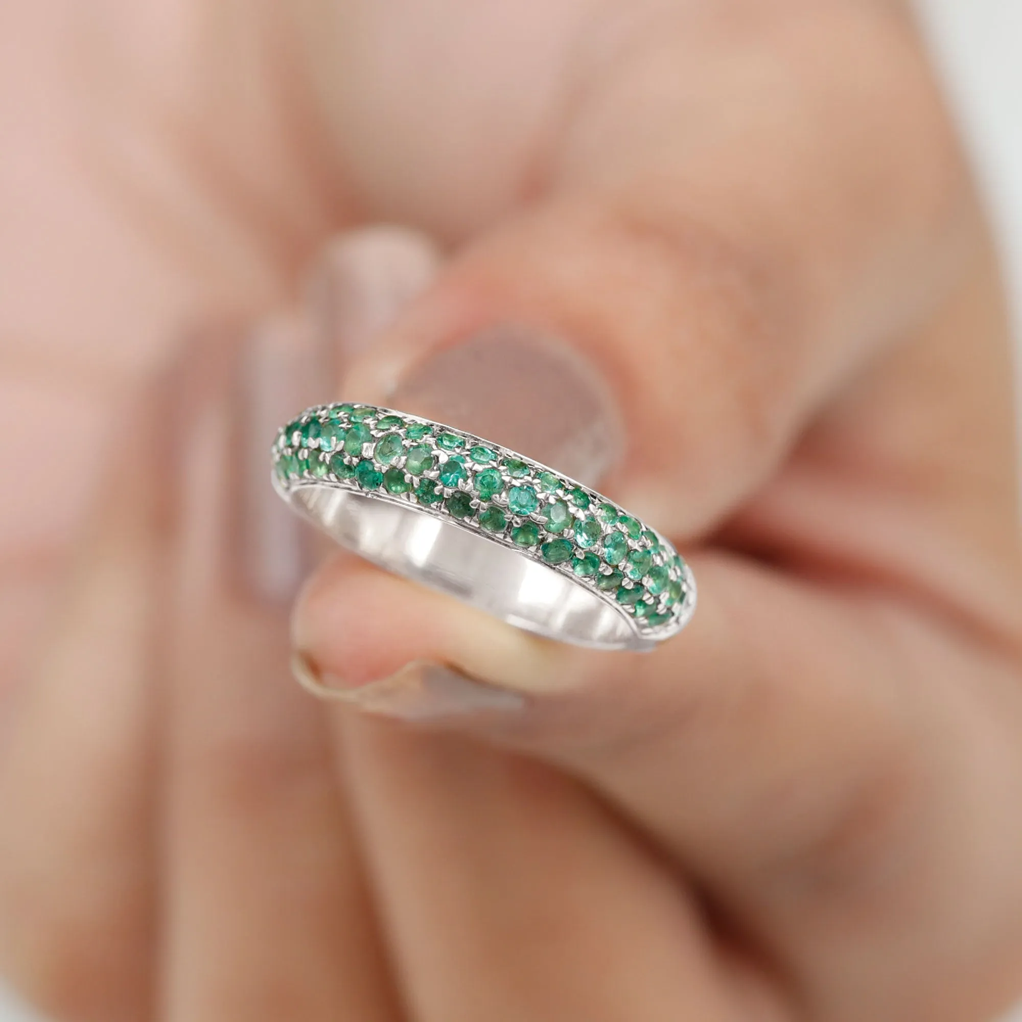 Pave Set Emerald Semi Eternity Band Ring