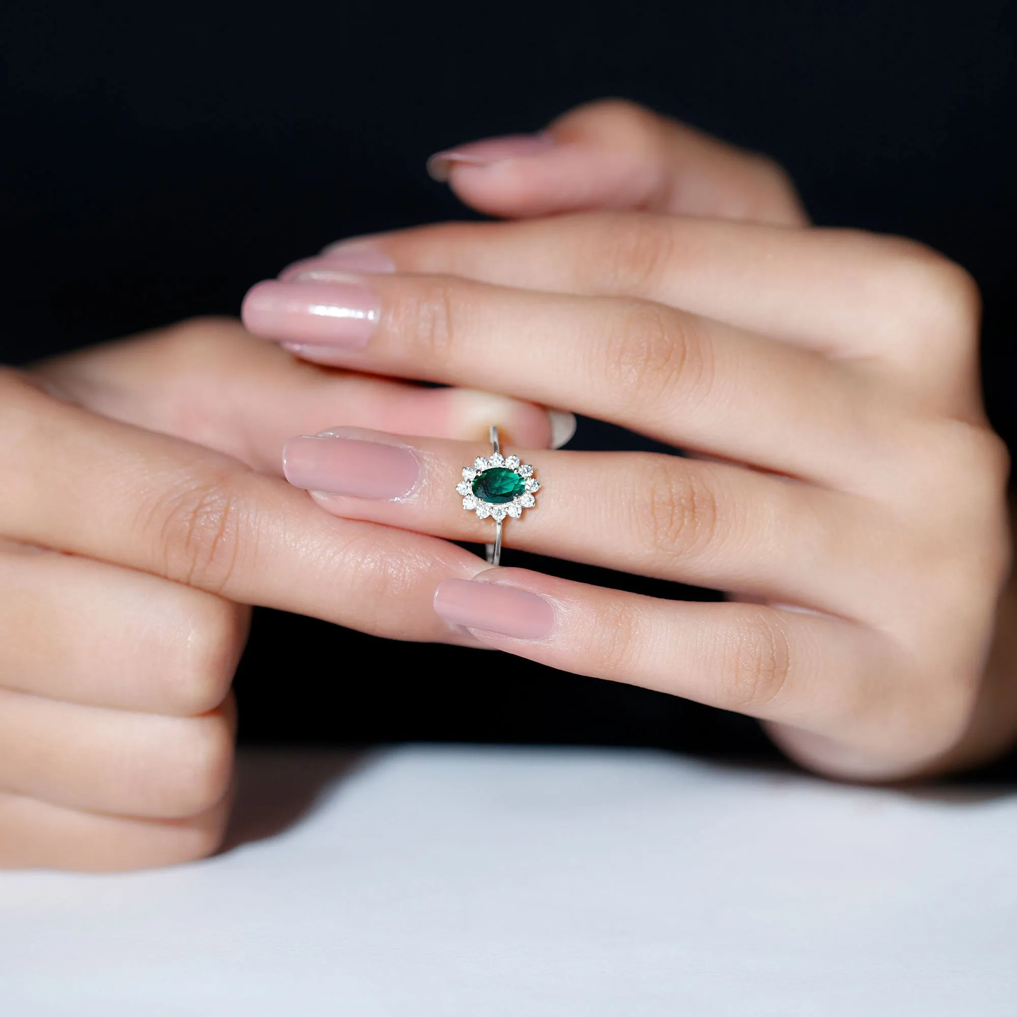 Princess Diana Inspired Created Emerald Engagement Ring with Diamond