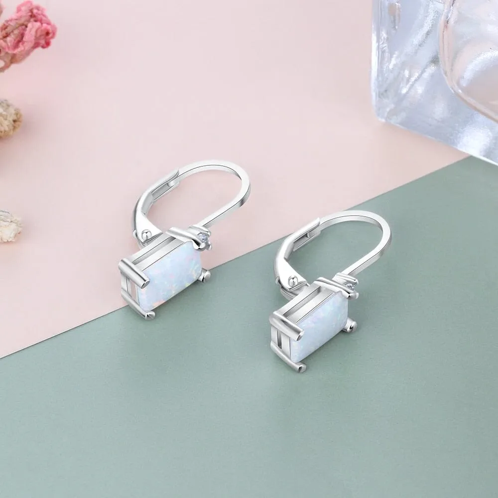 Rectangular Created White Fire Opal Hoop Earrings - 925 Sterling Silver