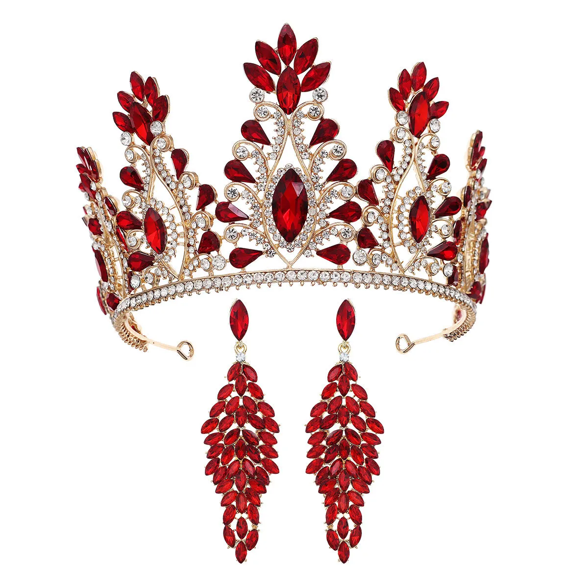 Red large crown earrings set wedding prom party exaggerated headwear bridal crown