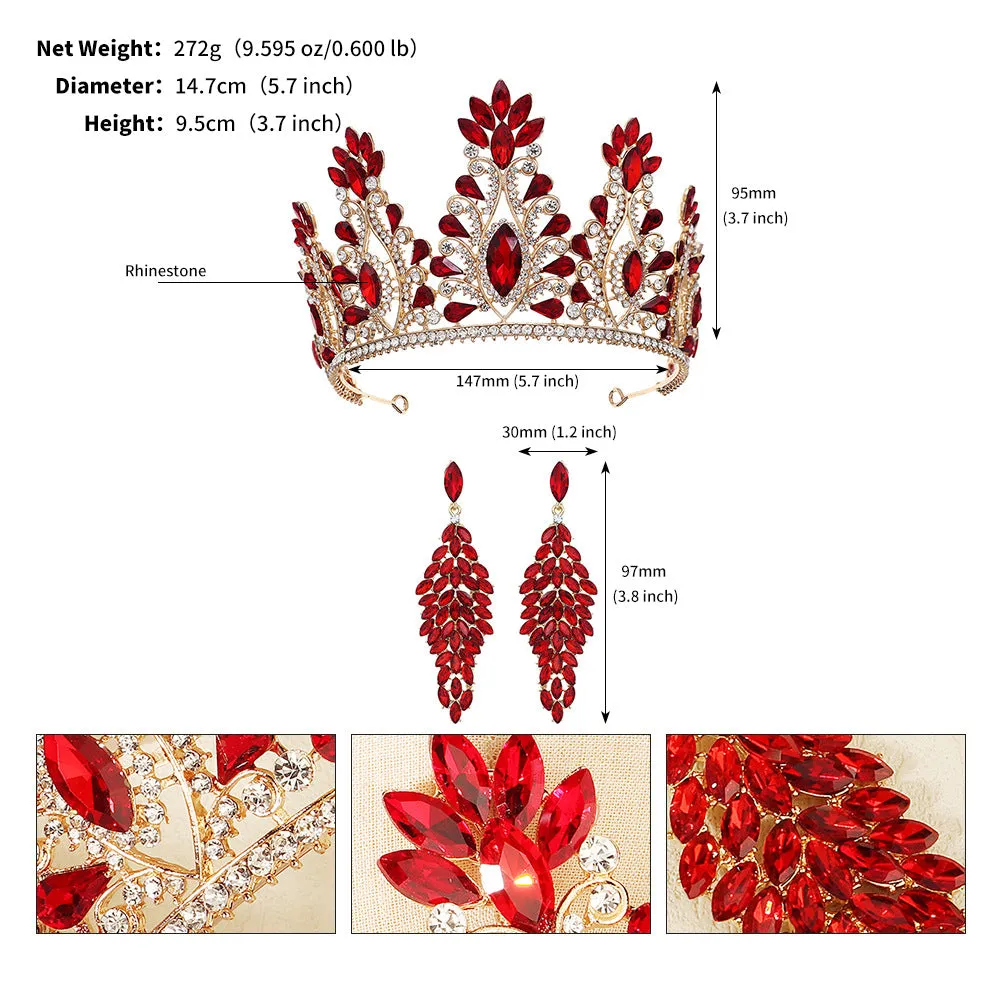 Red large crown earrings set wedding prom party exaggerated headwear bridal crown