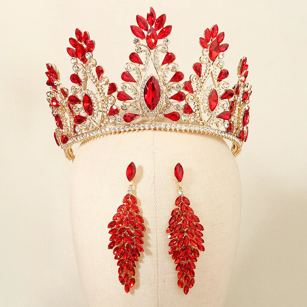 Red large crown earrings set wedding prom party exaggerated headwear bridal crown