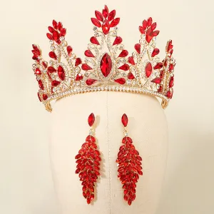 Red large crown earrings set wedding prom party exaggerated headwear bridal crown