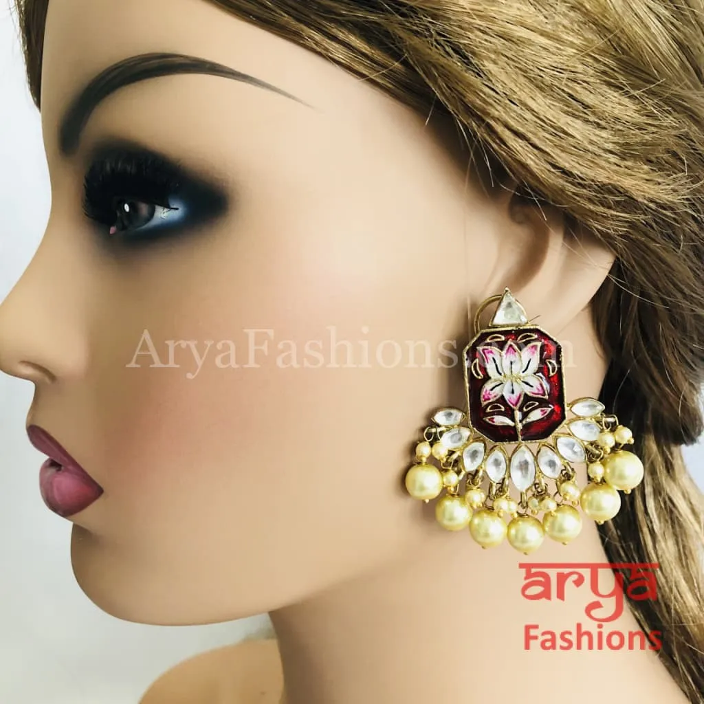 Red Lotus Meenakari Earrings/Ethnic Earrings in Gold with Kundan Stones