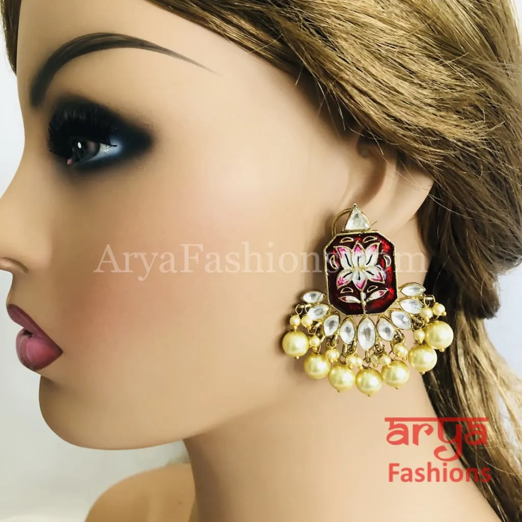 Red Lotus Meenakari Earrings/Ethnic Earrings in Gold with Kundan Stones