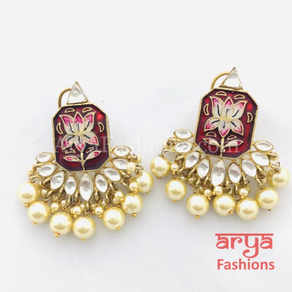 Red Lotus Meenakari Earrings/Ethnic Earrings in Gold with Kundan Stones