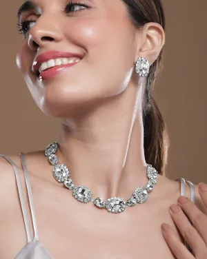 Rhodium Plated Crystal AD & Zirconia Studded Regal Statement Necklace Set