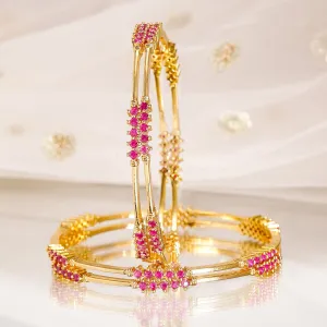 Rubans Set of 4, 22K Gold-Plated Ruby Pink Stone Studded Handcrafted Bangles