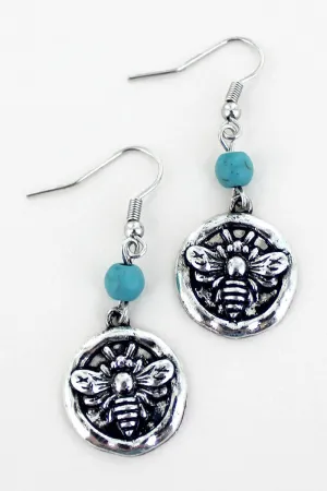 SALE! Turquoise Bead and Silvertone Bee Disk Earrings