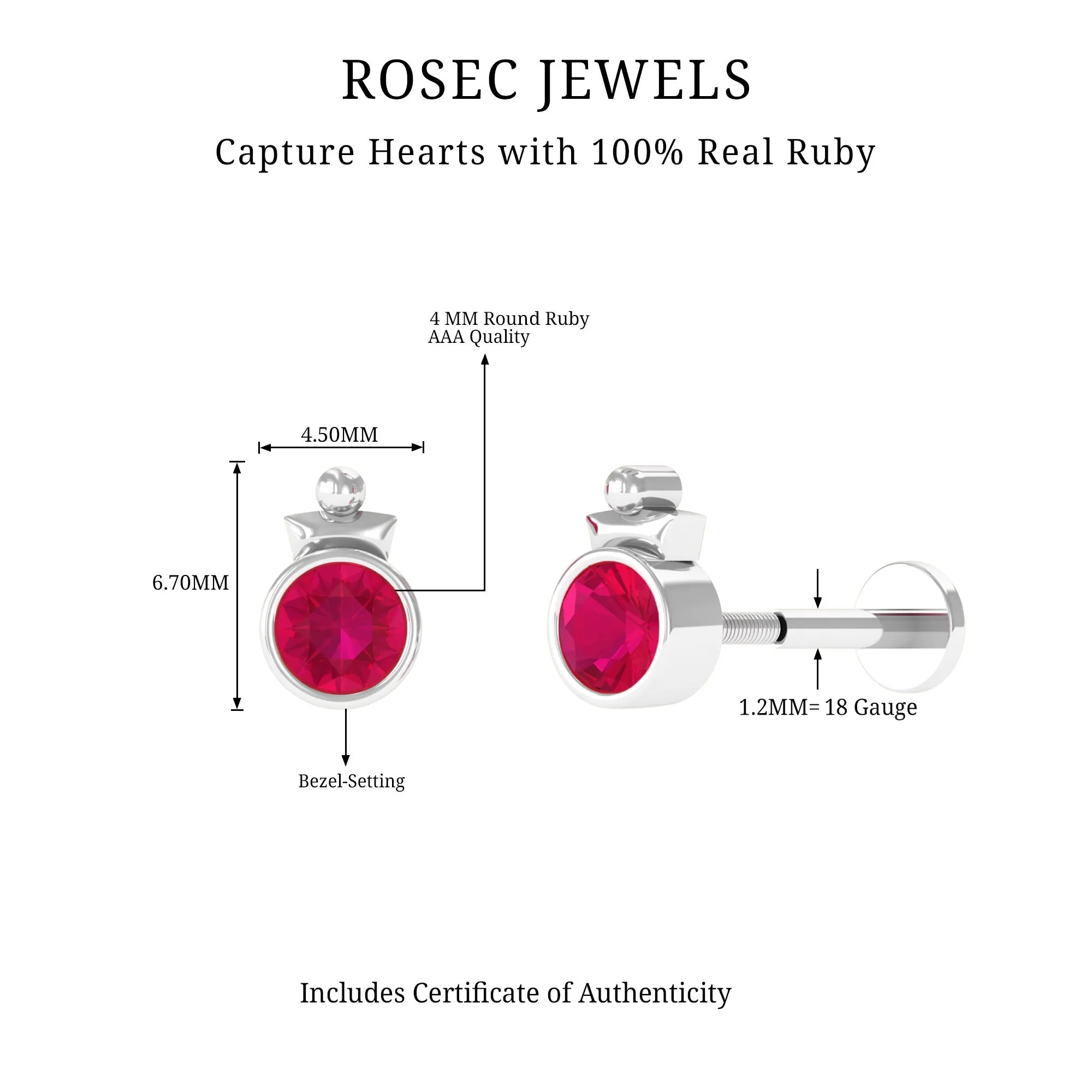 Simple Bezel Set Red Ruby Solitaire Tragus Earring