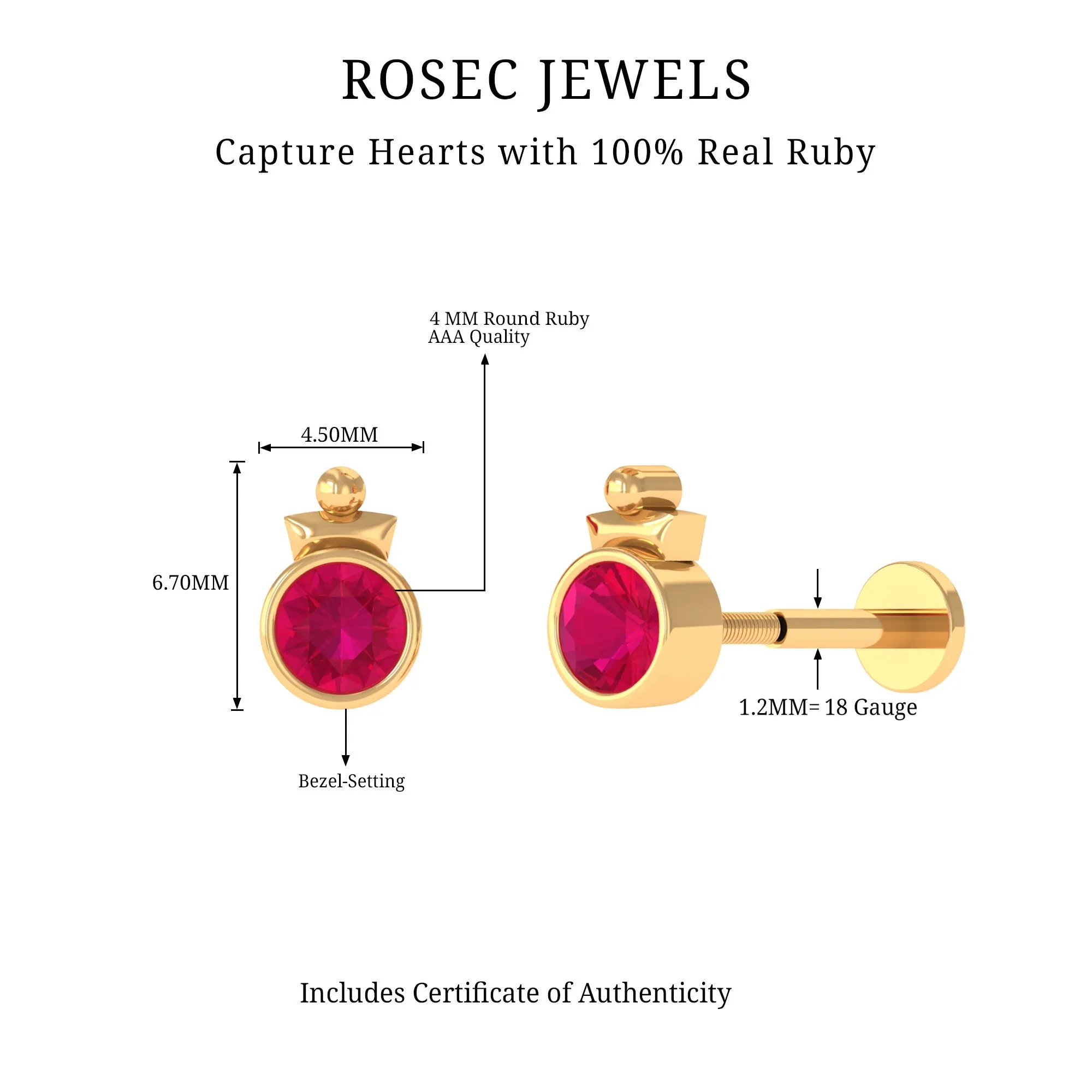 Simple Bezel Set Red Ruby Solitaire Tragus Earring