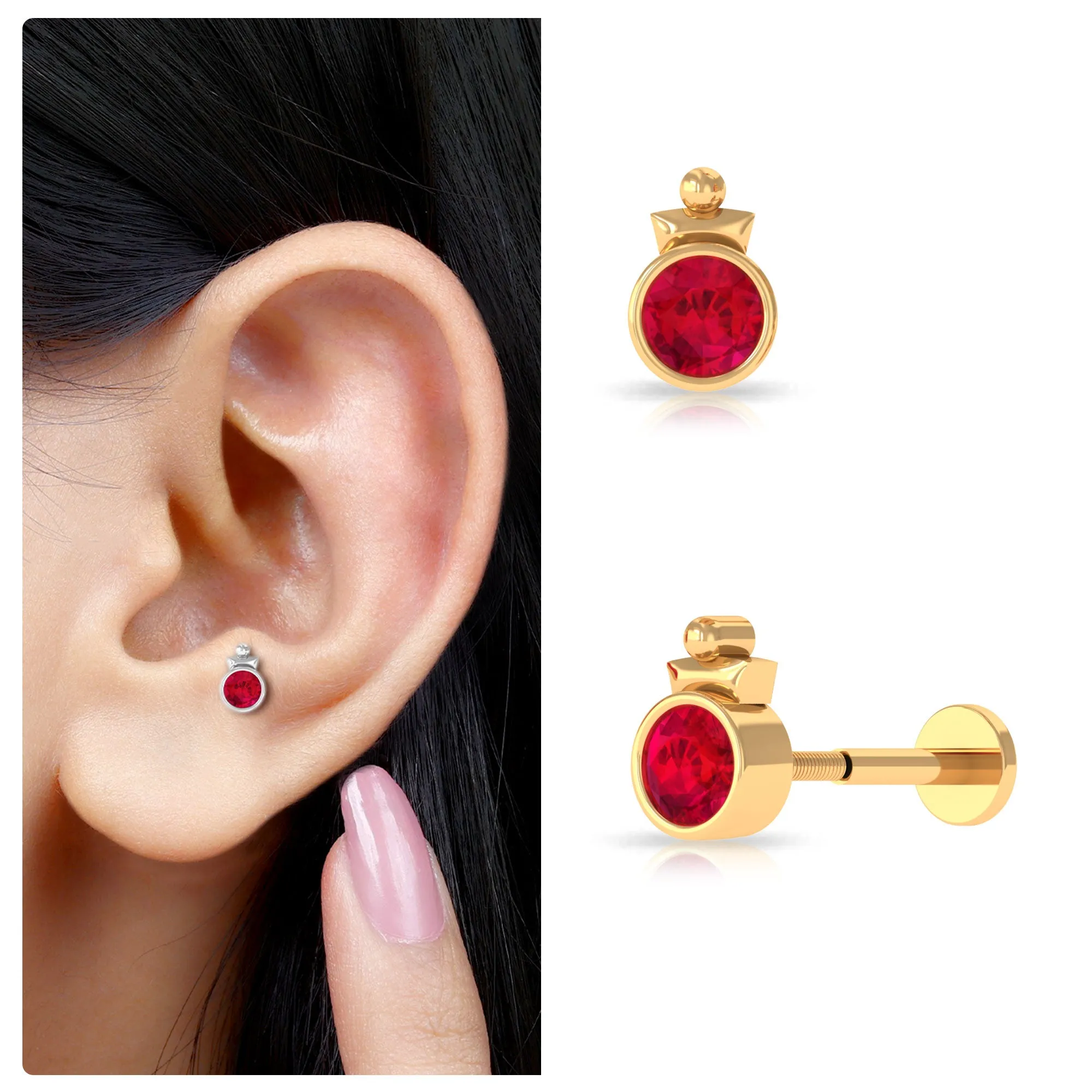 Simple Bezel Set Red Ruby Solitaire Tragus Earring