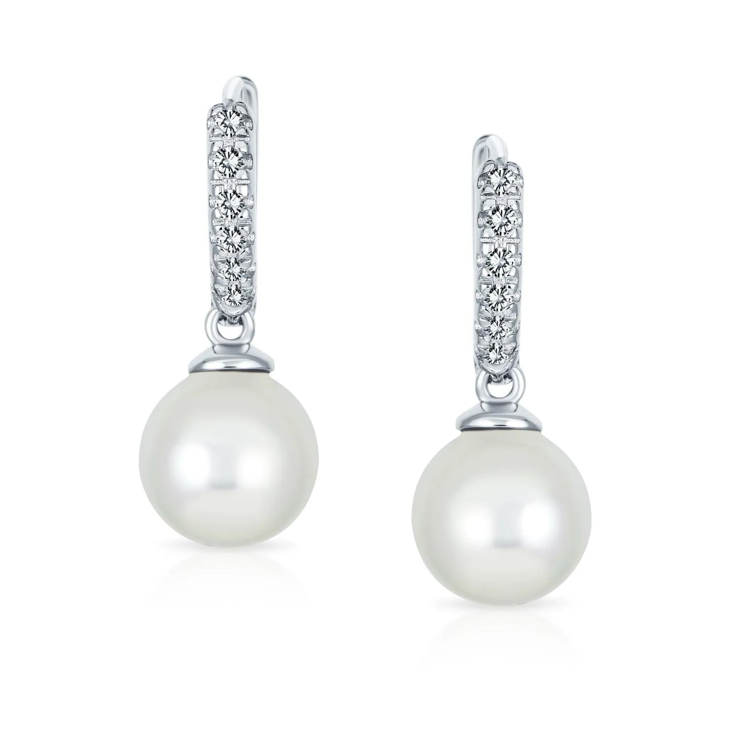 Simple Bridal Pave CZ Dangle Chandelier Earrings with Simulated Pearl Drop