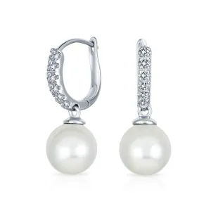 Simple Bridal Pave CZ Dangle Chandelier Earrings with Simulated Pearl Drop