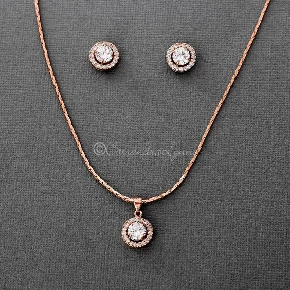 Simple CZ Halo Necklace and Earrings Set