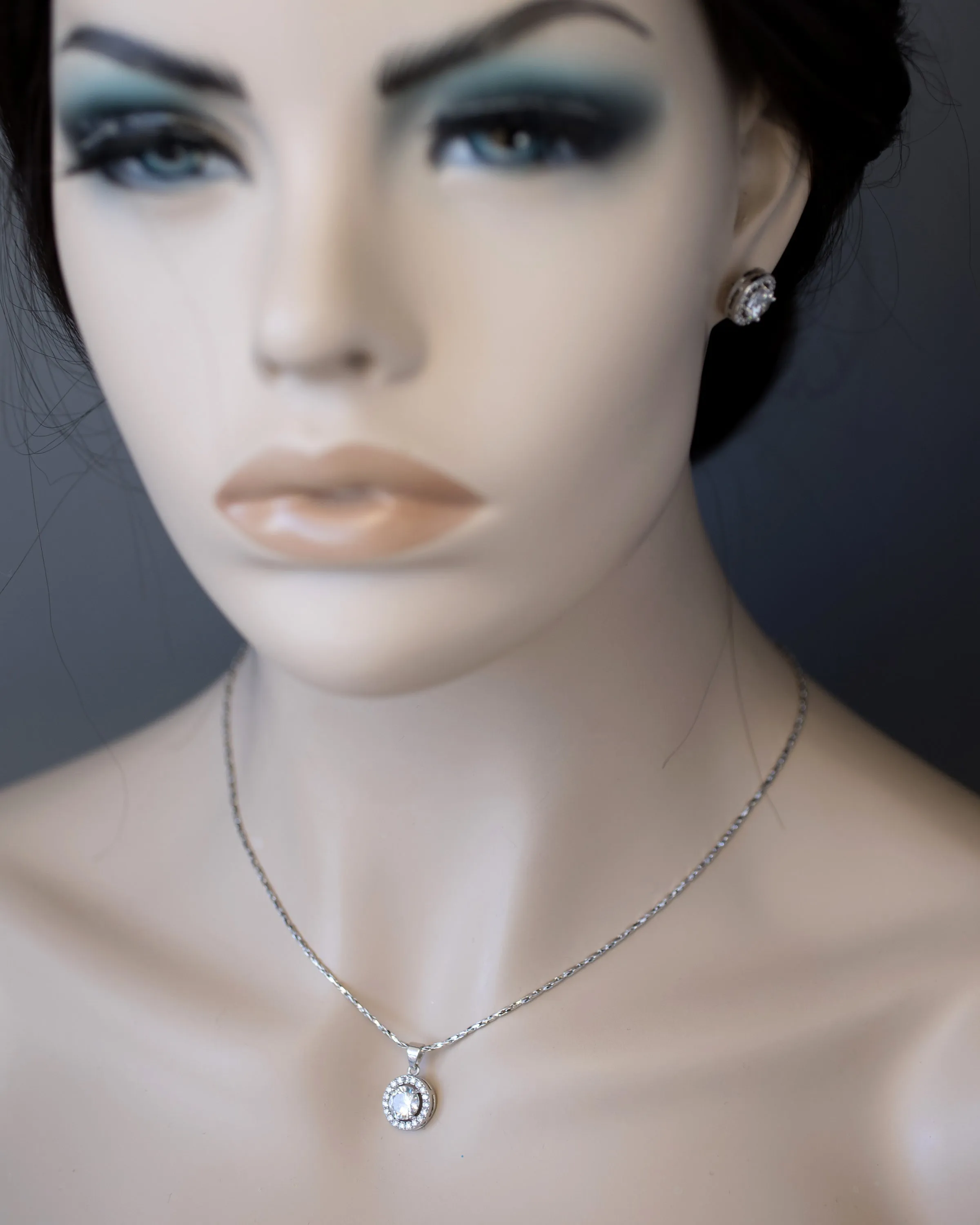 Simple CZ Halo Necklace and Earrings Set