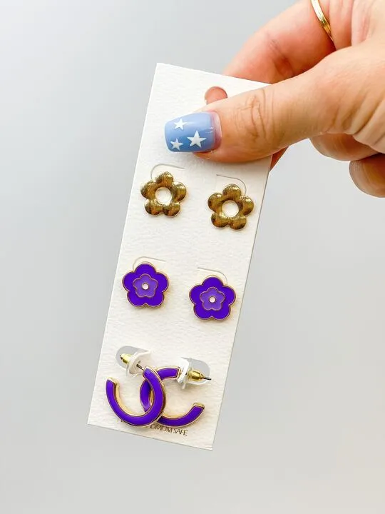 Simple Enamel Flower Earrings Set - Purple