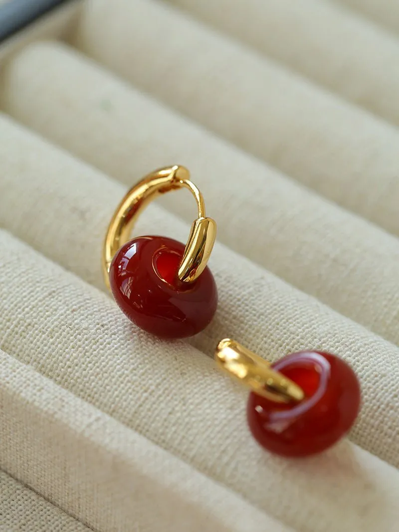 Simple Red Agate Stone Hoops Earrings