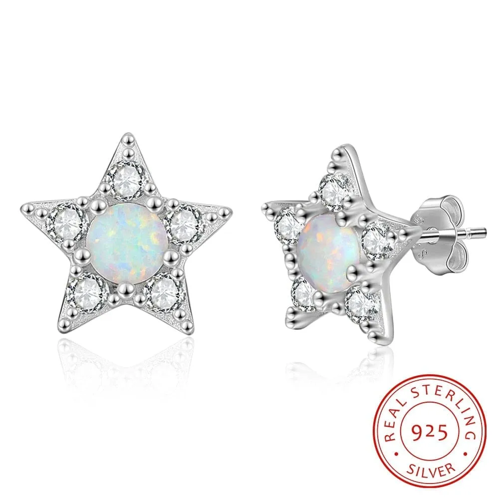 Star White Opal CZ Stud Earrings - 925 Sterling Silver