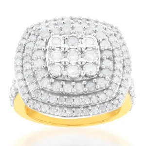 Sterling Silver and 9ct Yellow Gold 2 Carat Diamond Cushion Shape Cluster Ring