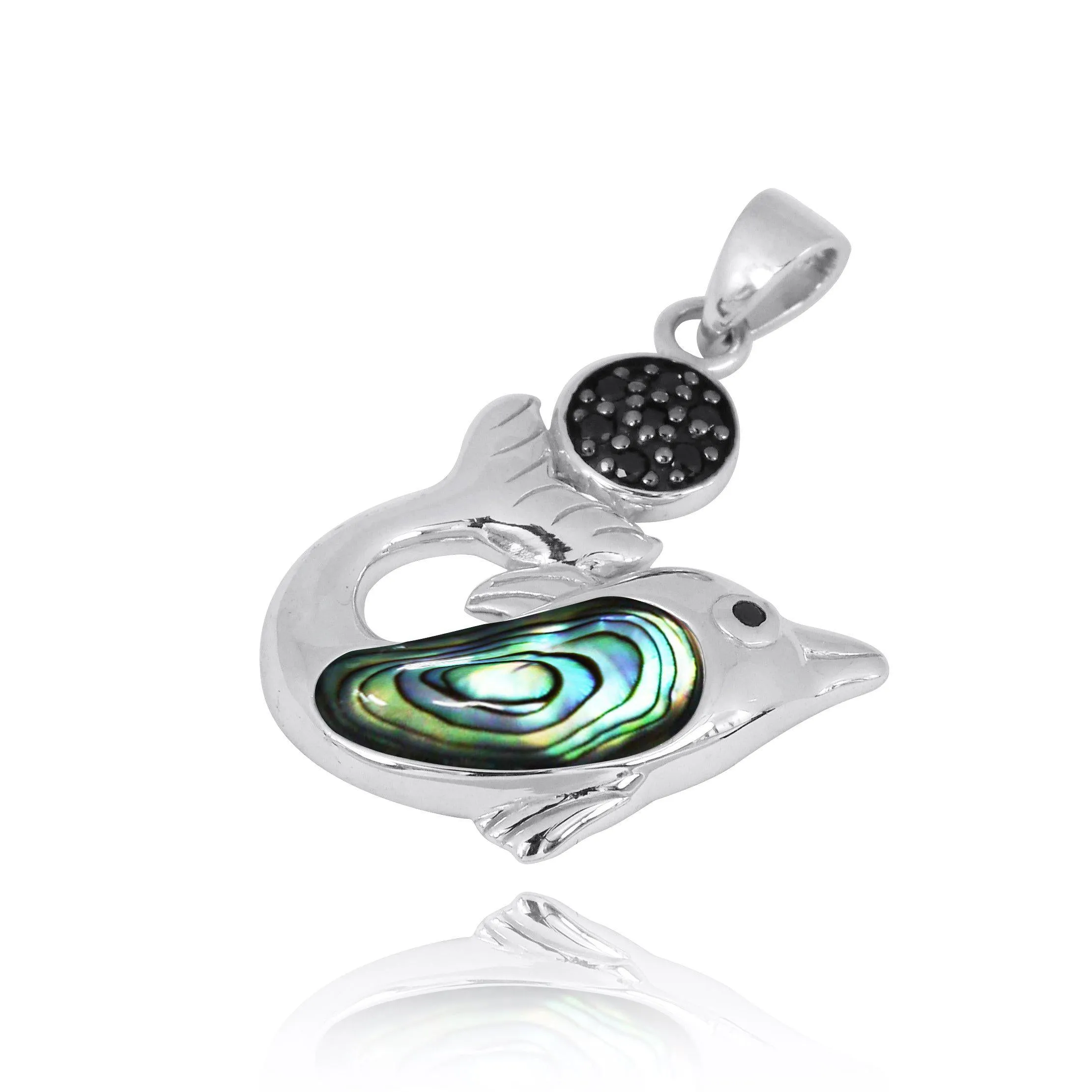 Sterling Silver Dolphin Pendant Necklace with Abalone Shell and Black Spinel Pendant Necklace