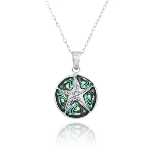 Sterling Silver Starfish with Crystal and Abalone Shell Pendant Necklace