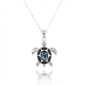 Sterling Silver Turtle Pendant Necklace with Abalone Shell and Black Spinel