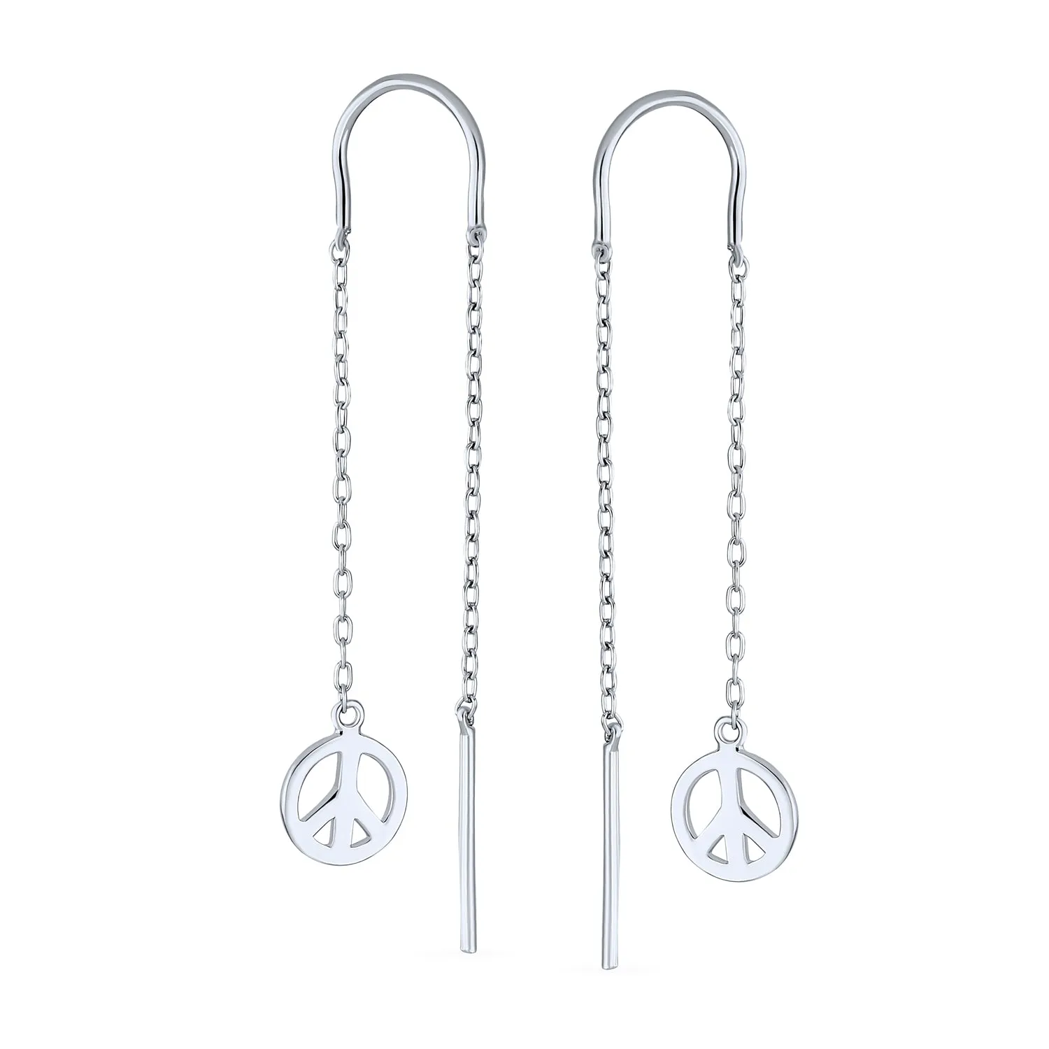 Tiny World Peace Sign Dangle Earrings Lightweight Long Flat Chain Threader Sterling Silver