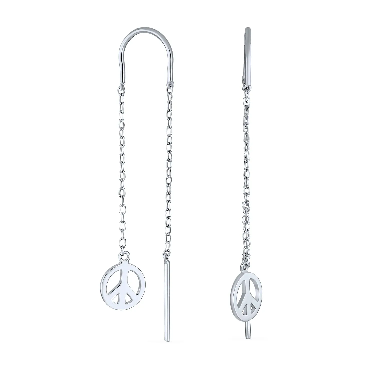 Tiny World Peace Sign Dangle Earrings Lightweight Long Flat Chain Threader Sterling Silver