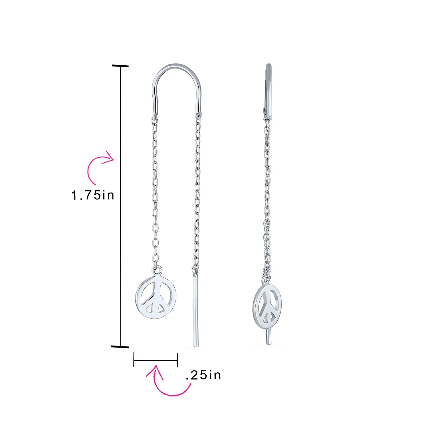 Tiny World Peace Sign Dangle Earrings Lightweight Long Flat Chain Threader Sterling Silver